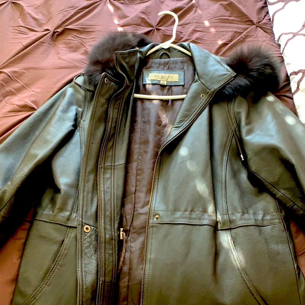 Leather coat with fur collar